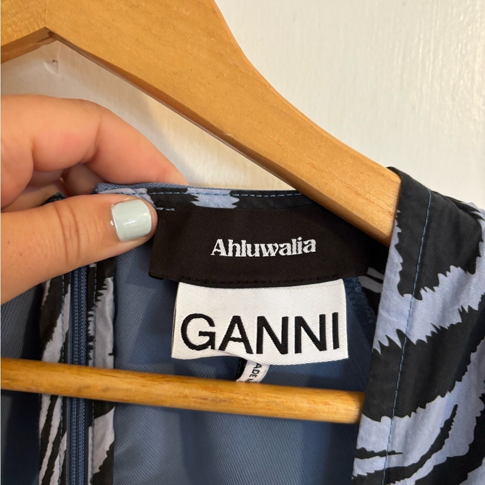 GANNI x AHLUWALIA Ruched Patchwork Cotton Poplin Mesh Midi Dress Size 38 (6) - Picture 6 of 12